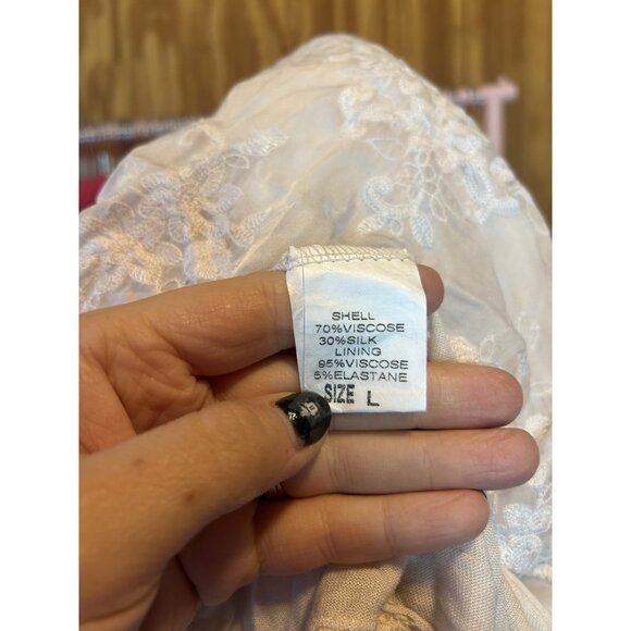 Angela Moda Pink Champagne Silk Blouse Floral Pink Embroidered Silk ITALY Sz L - Picture 9 of 10